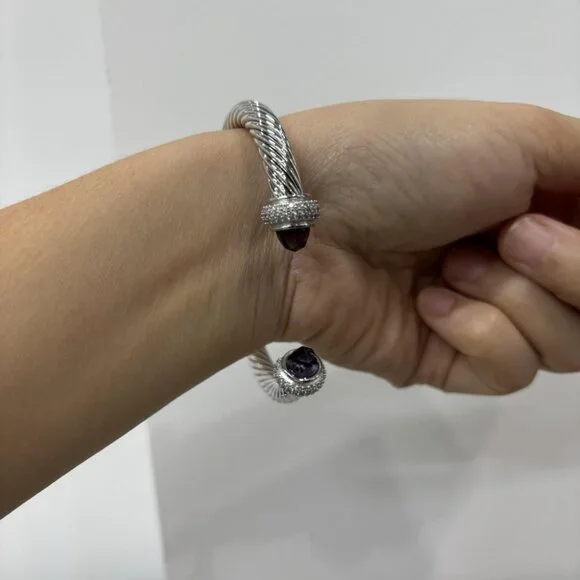 David Yurman 7mm Cable Station Bracelet Silver with Amethyst with diamonds - Picture 6 of 6